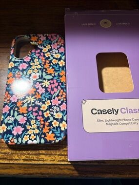 Casely Floral Protective 17 IPhone Case - Navy Blue with Multicolor Flowers EUC